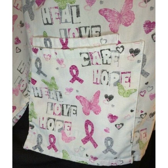 SB Scrub top XL White Breast Cancer Care Hope Heal V Neck 3 Front Pockets - Picture 5 of 8